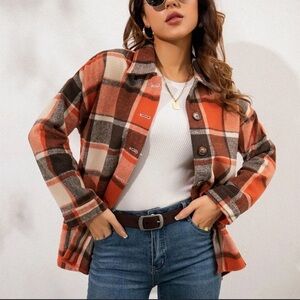 Julia Rose Women’s Orange Brown and Cream Plaid Flannel  Size: Medium